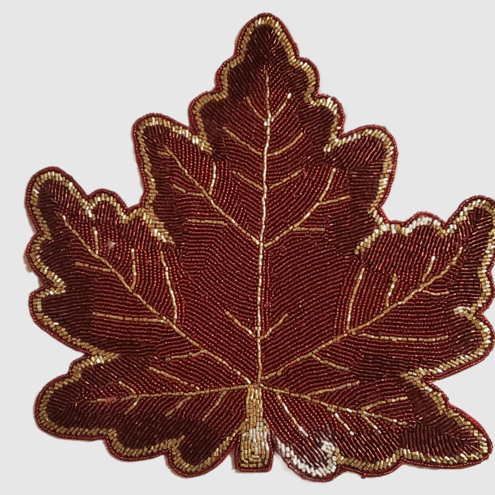 Tahari Home Beaded Charger in Red Burgundy Gold  -Maple Leaf 15"